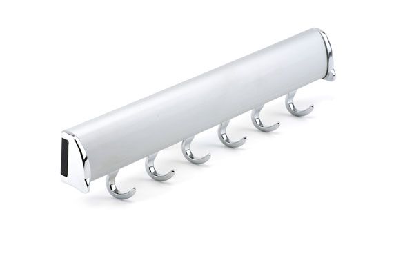 A white coat rack with six hooks on a white background.