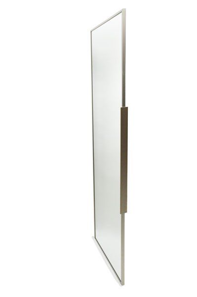 A full length mirror with a metal handle on a white background.