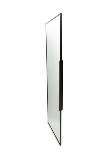 A full length mirror with a black frame on a white background.