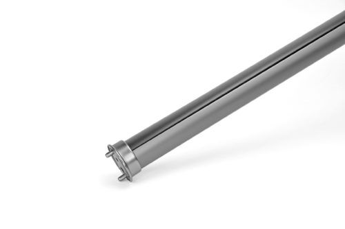 A close up of a metal pipe on a white background.