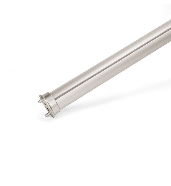 A close up of a stainless steel tube on a white background.
