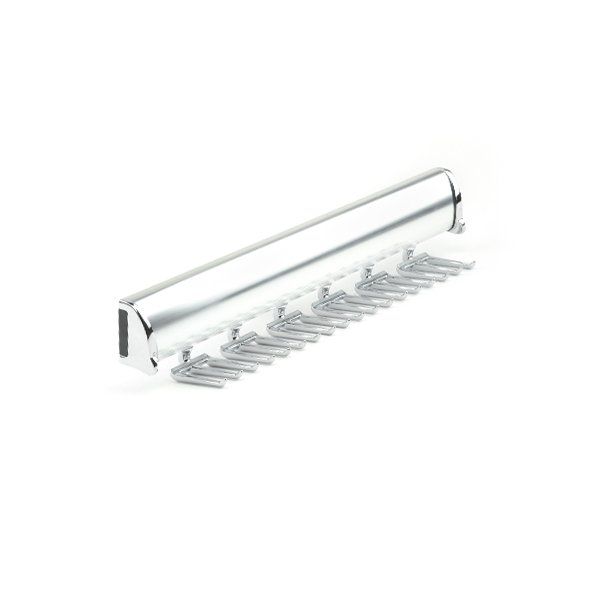 A close up of a tie rack on a white background.