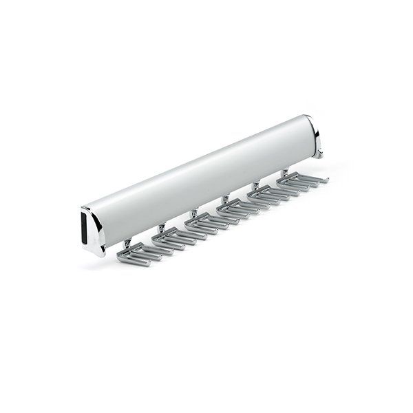 A close up of a tie rack on a white background.