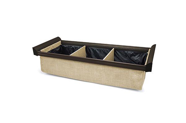 A wooden box with three compartments on a white background.