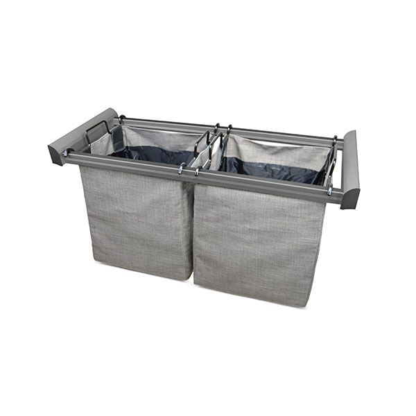 A laundry basket with two bags attached to it