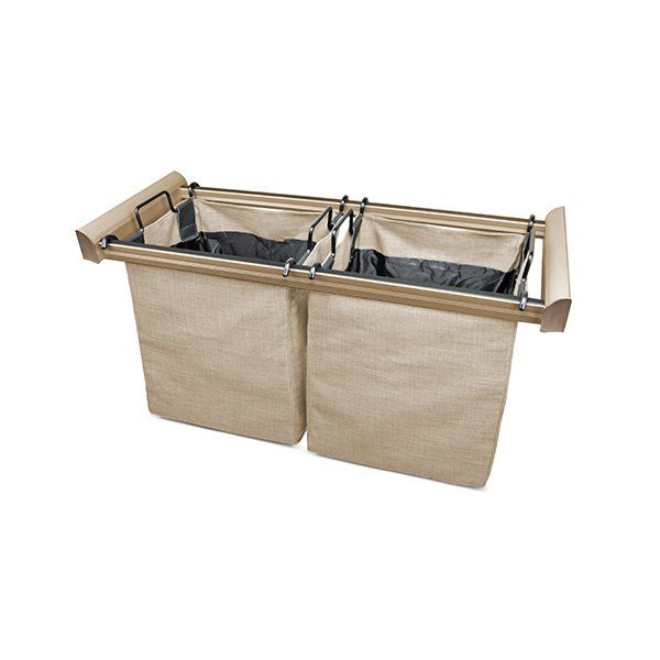 A laundry basket with two bags attached to it