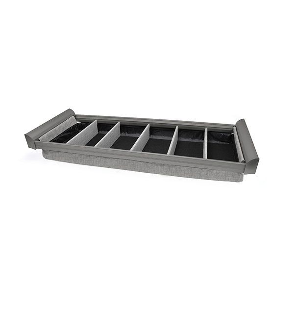 A gray tray with black dividers on a white background.
