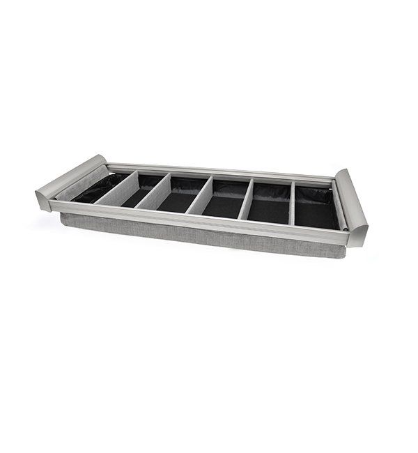 A 3d model of a tray with dividers on a white background.