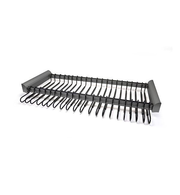 A black tie rack with a bunch of ties on it on a white background.