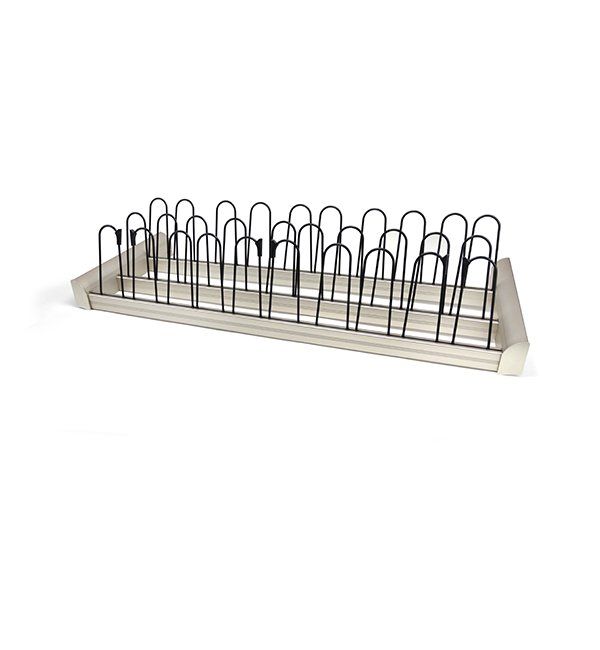A stainless steel shoe rack with a wooden tray on a white background.
