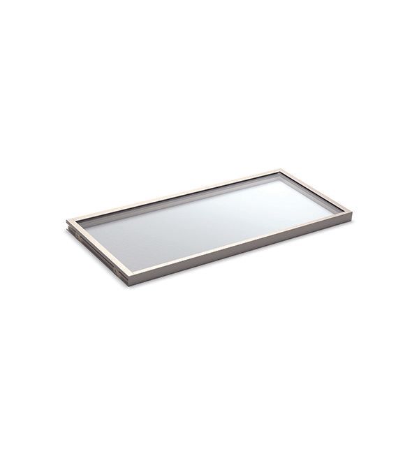 A rectangular glass tray with a metal frame on a white background.