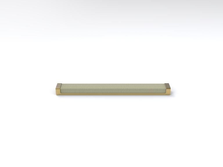 A 3d model of a shelf with a brass handle on a white surface.