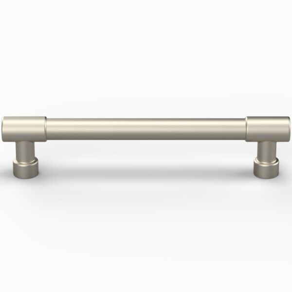 A stainless steel handle on a white surface.