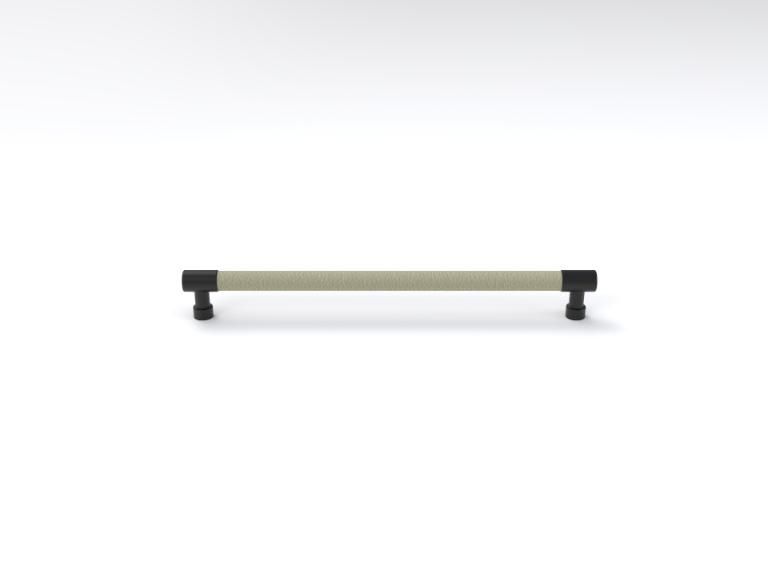 A white towel bar with black handles on a white background.