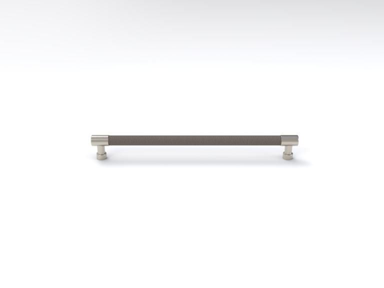 A stainless steel handle with a leather strap on a white surface.