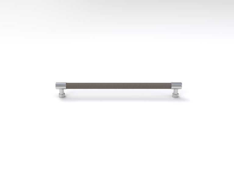 A metal bar with a leather handle on a white surface.