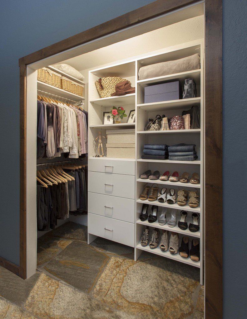 A walk in closet filled with clothes and shoes.