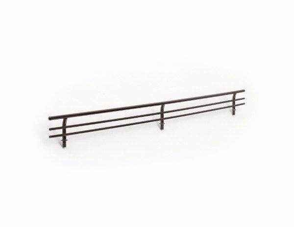 A long metal railing with three bars on a white background.