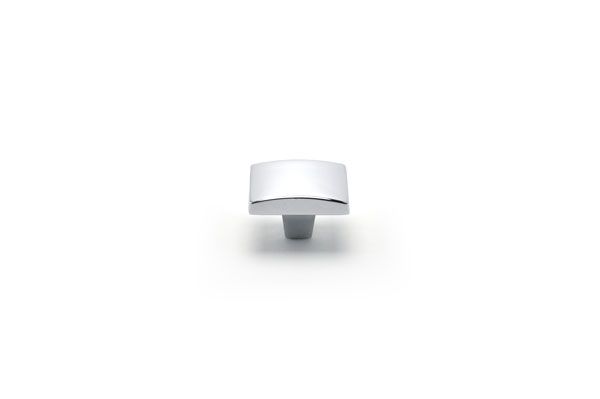 A square chrome cabinet knob on a white background.
