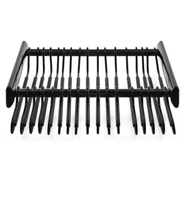 A black rack with a bunch of pens in it on a white background.