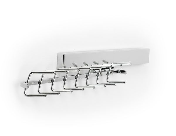 A white coat rack with a bunch of hooks on it.