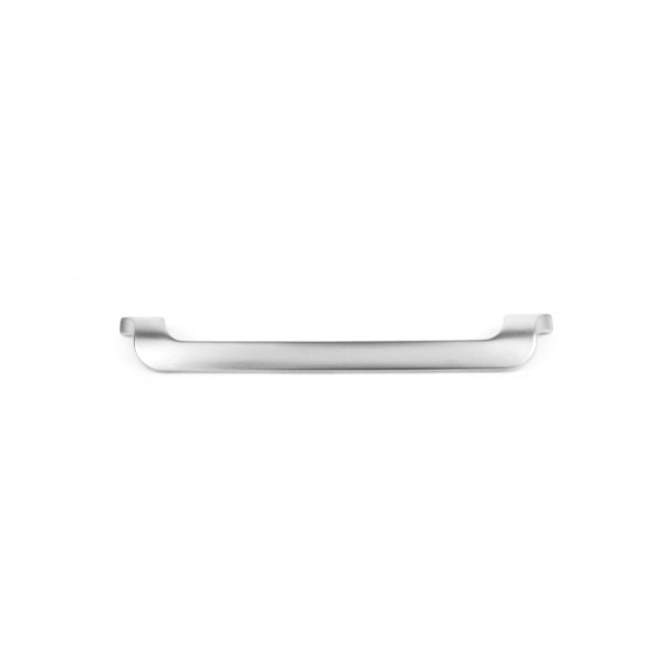 A stainless steel handle on a white background.