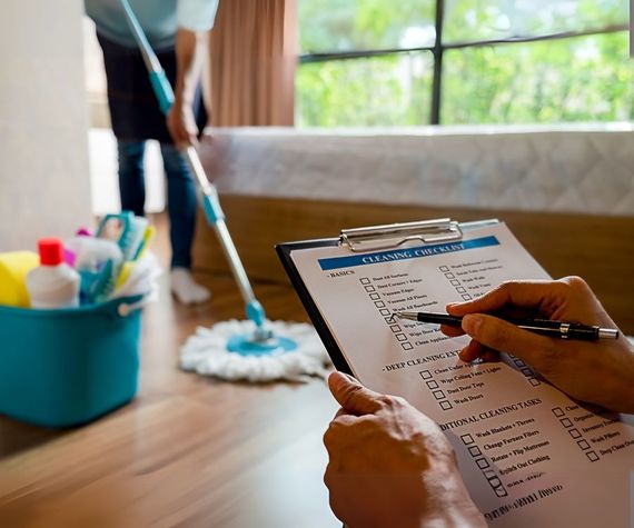 A person is writing on a clipboard with a mop in the background.