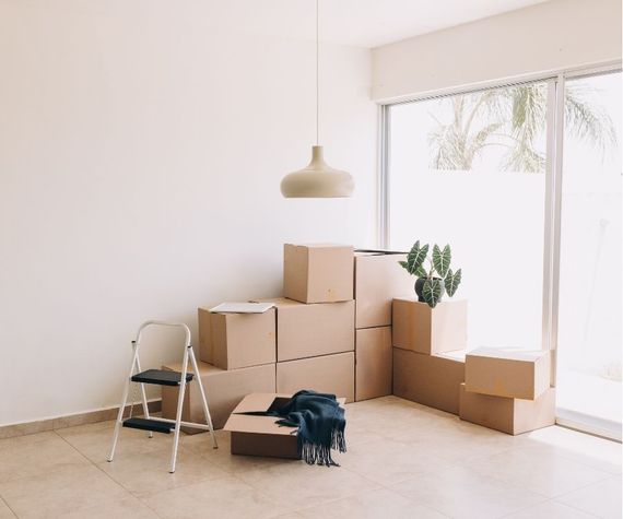 A room filled with cardboard boxes and a ladder.