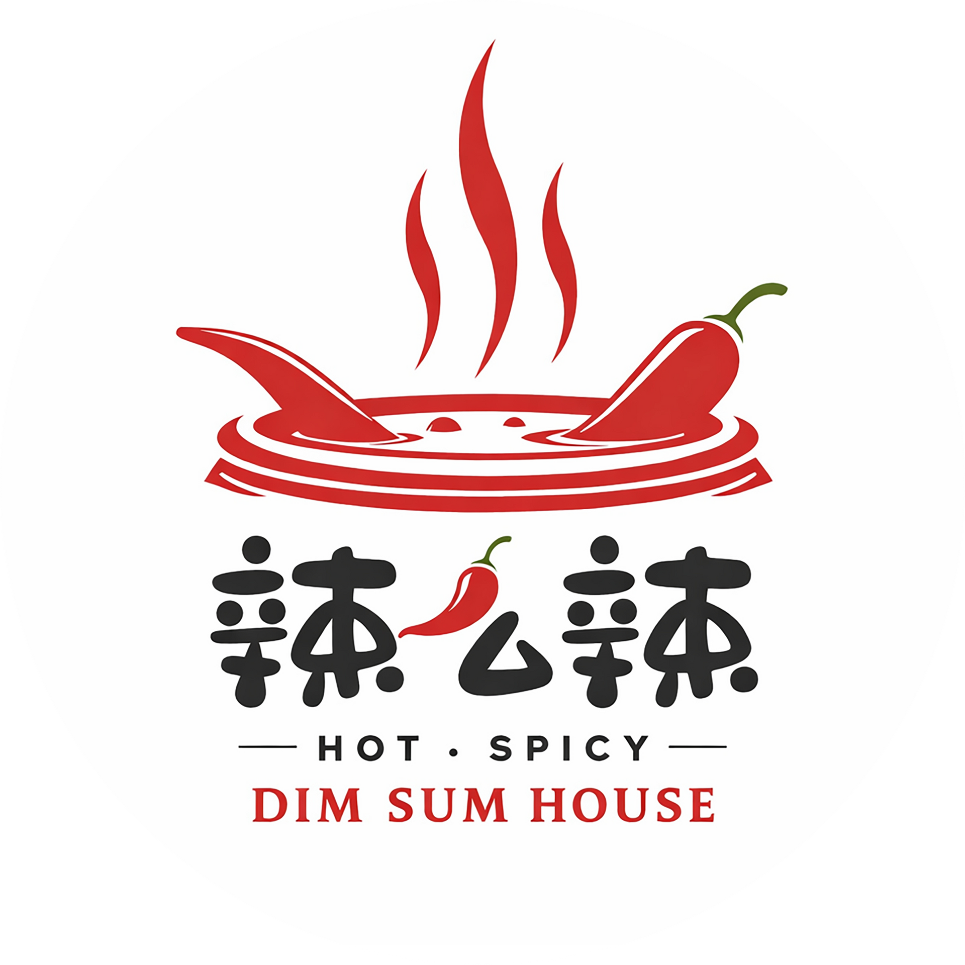 Logo for Hot Spicy Dim Sum House featuring a steaming bowl with red chili peppers, Chinese characters, and text.