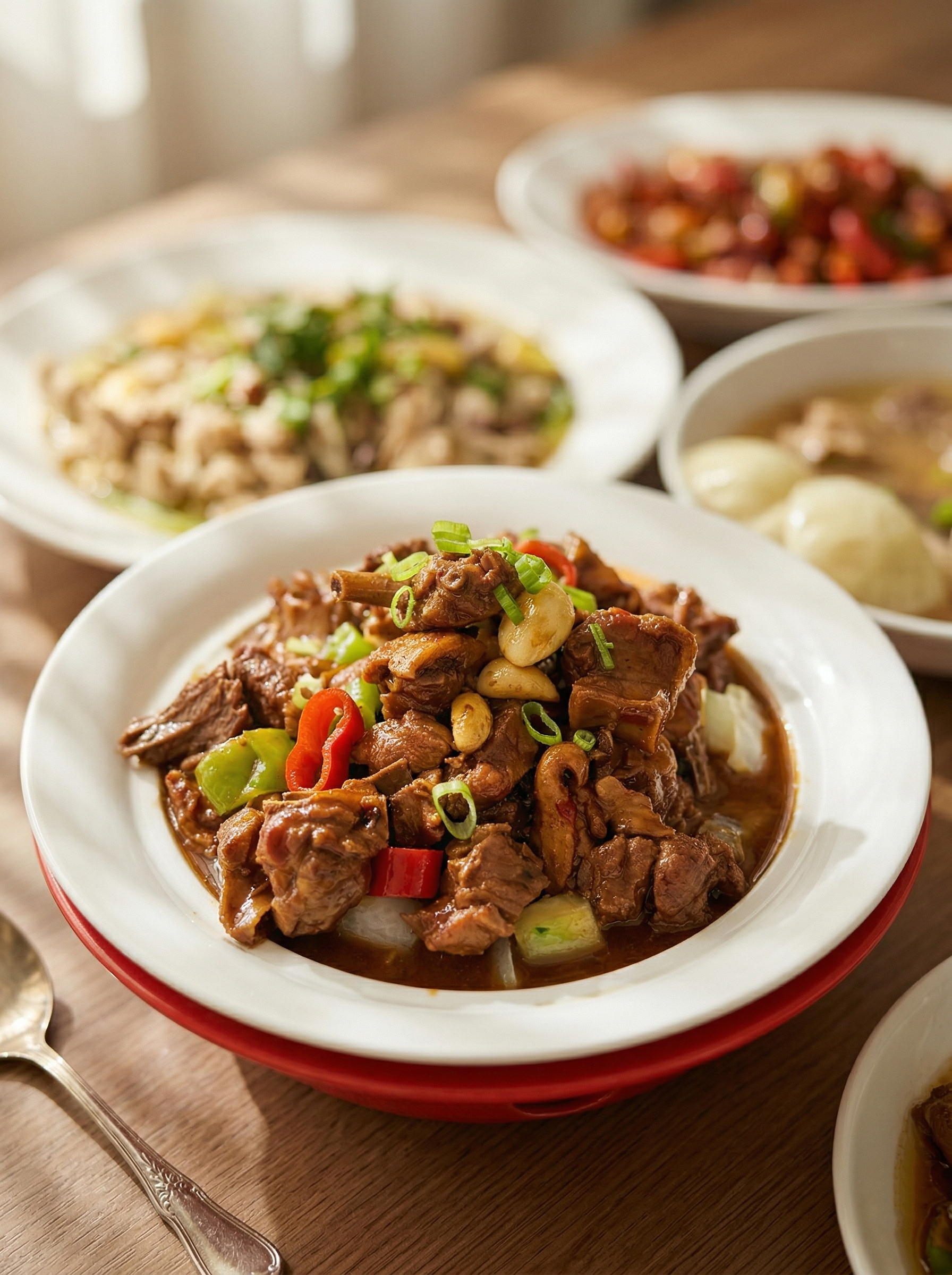 A top-down view of several bowls of Chinese dishes served on a wooden table, featuring a central braised meat dish.