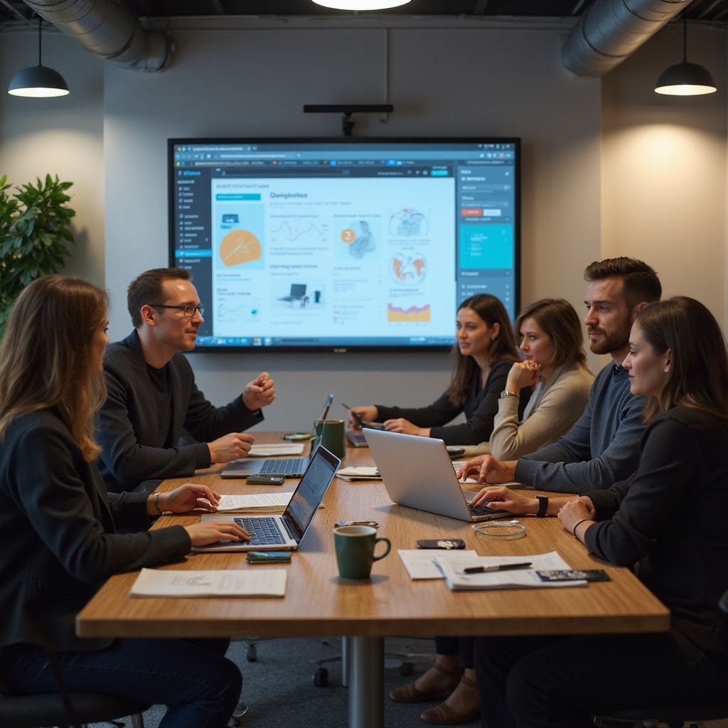 A business team collaborates around a table, reviewing a presentation on a large screen in a modern office.