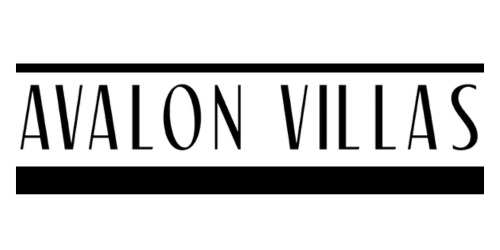 A black and white logo for avalon villas on a white background.