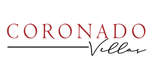 The coronado villas logo is red and black on a white background.