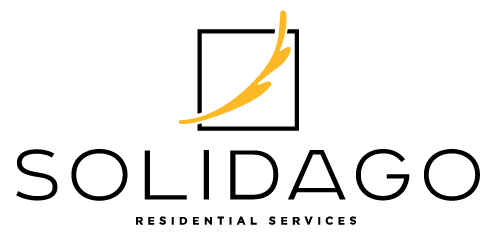 The logo for solidago residential services has a yellow lightning bolt in a square.