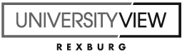 A black and white logo for university view rexburg