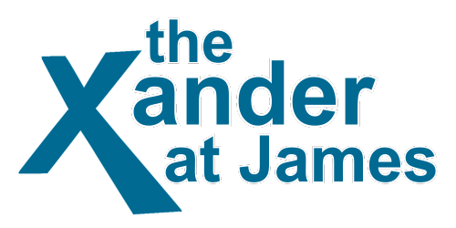 The xander at james logo is blue and white on a white background.