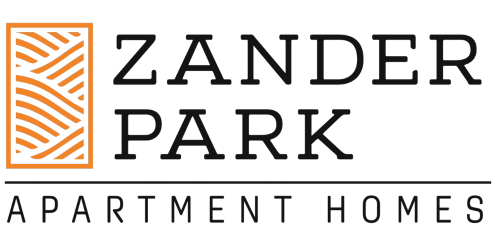 The logo for zander park apartment homes is black and orange.