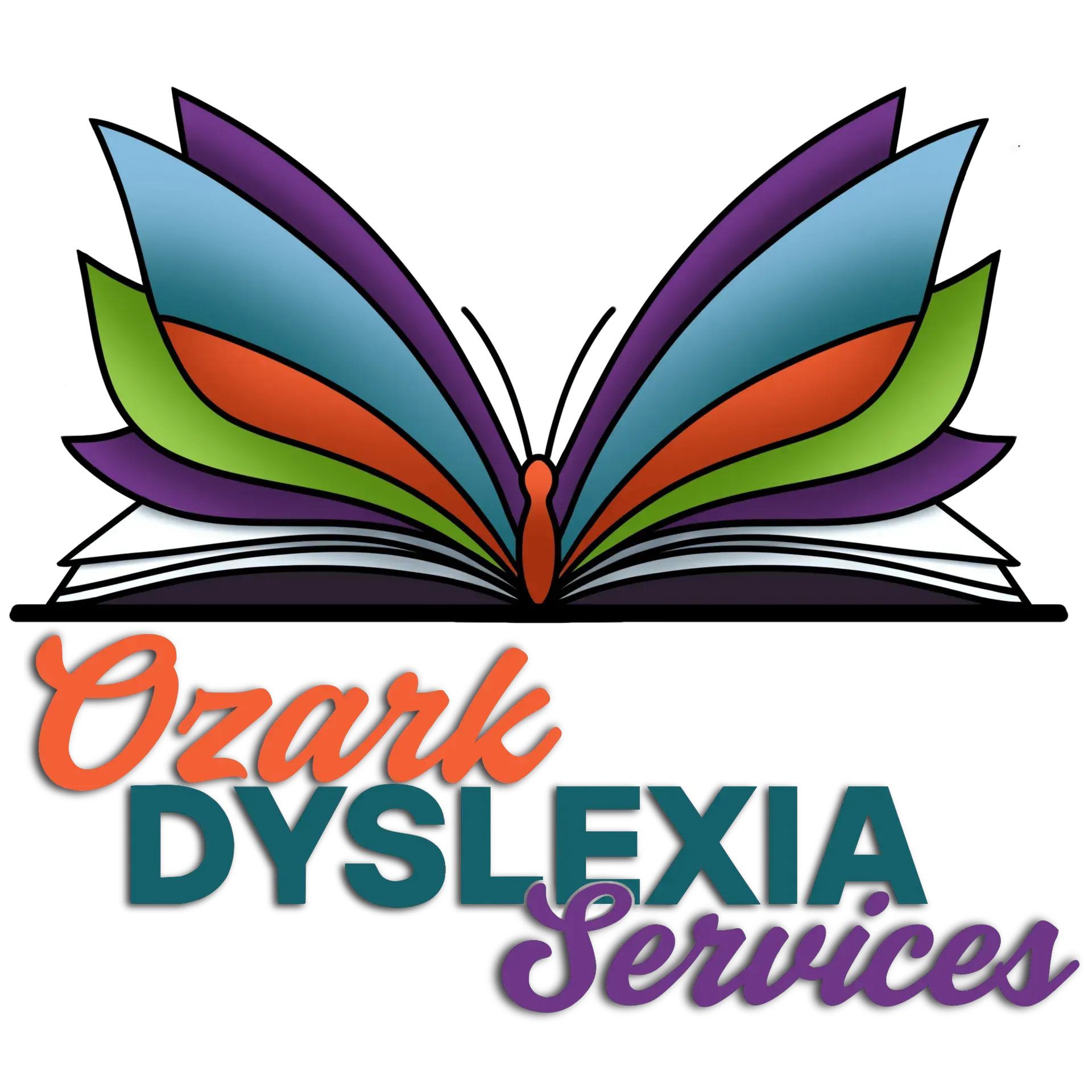 Logo for Ozark Dyslexia Services: Colorful open book forming a butterfly, text below.