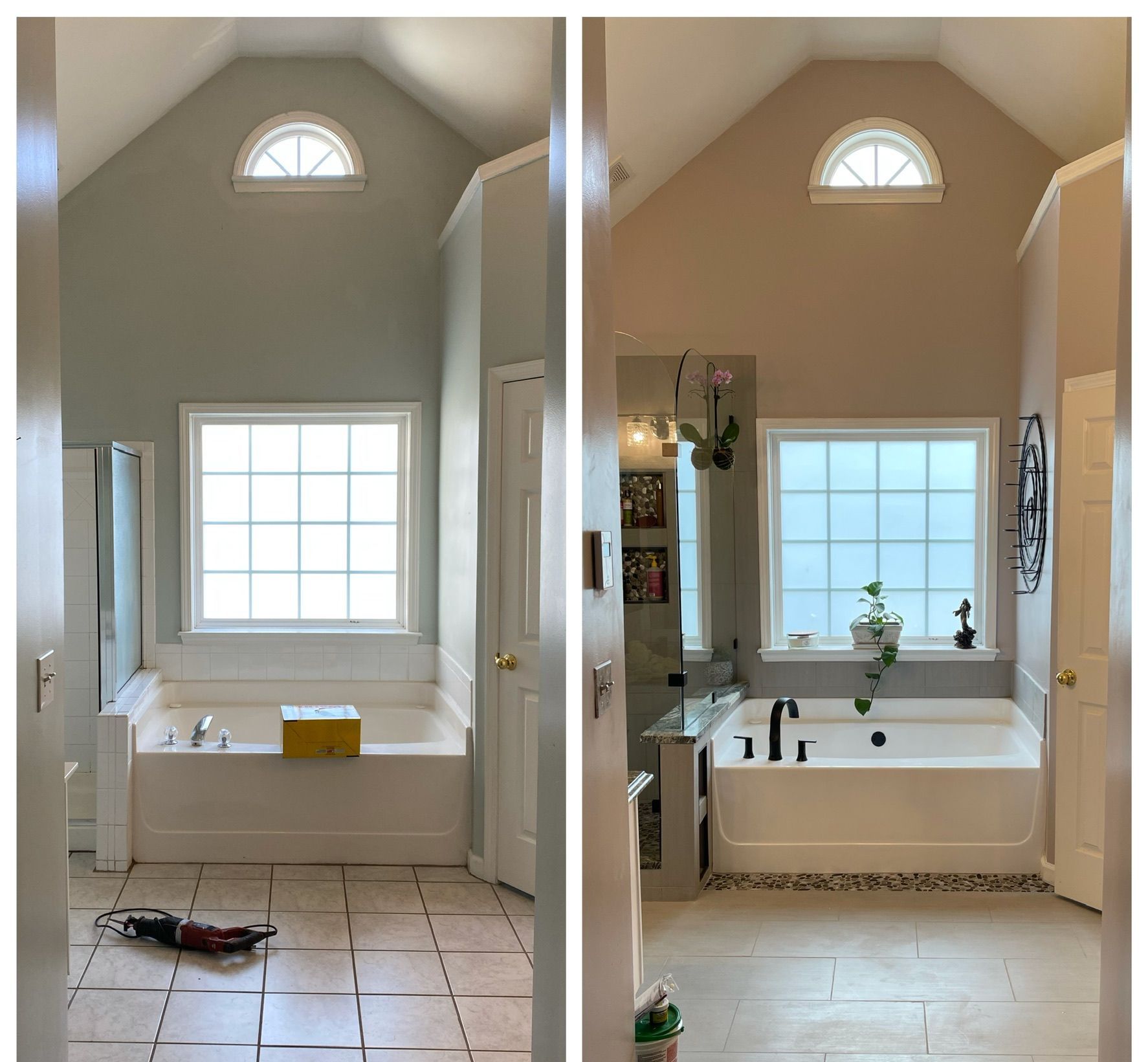 A before and after photo of a bathroom with a bathtub