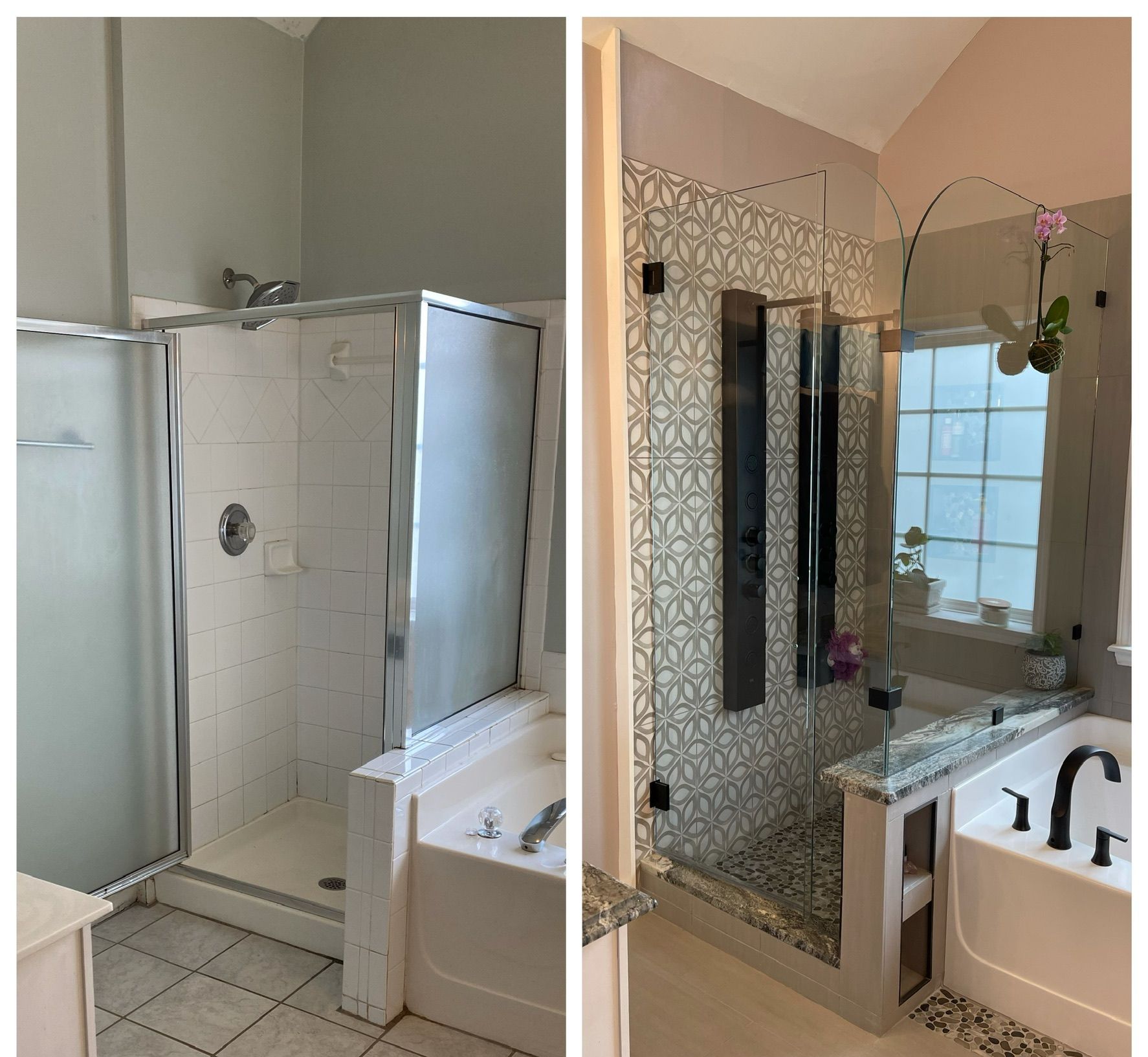 A before and after photo of a bathroom with a walk in shower and a bathtub.