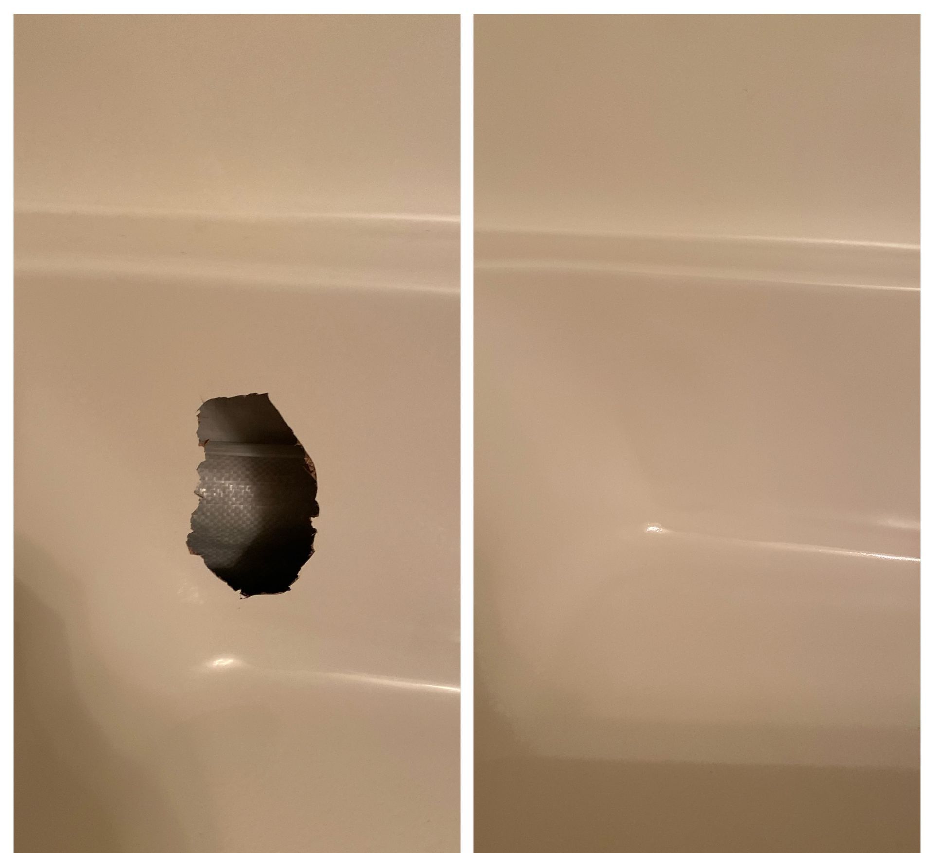 Two pictures of a bathtub with a hole in it.