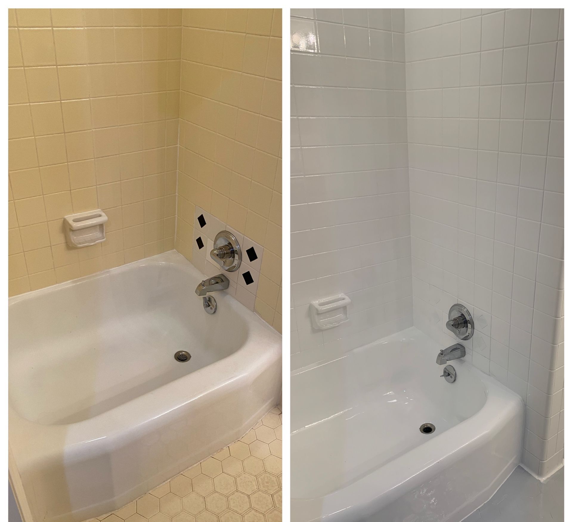 A before and after photo of a bathtub in a bathroom.