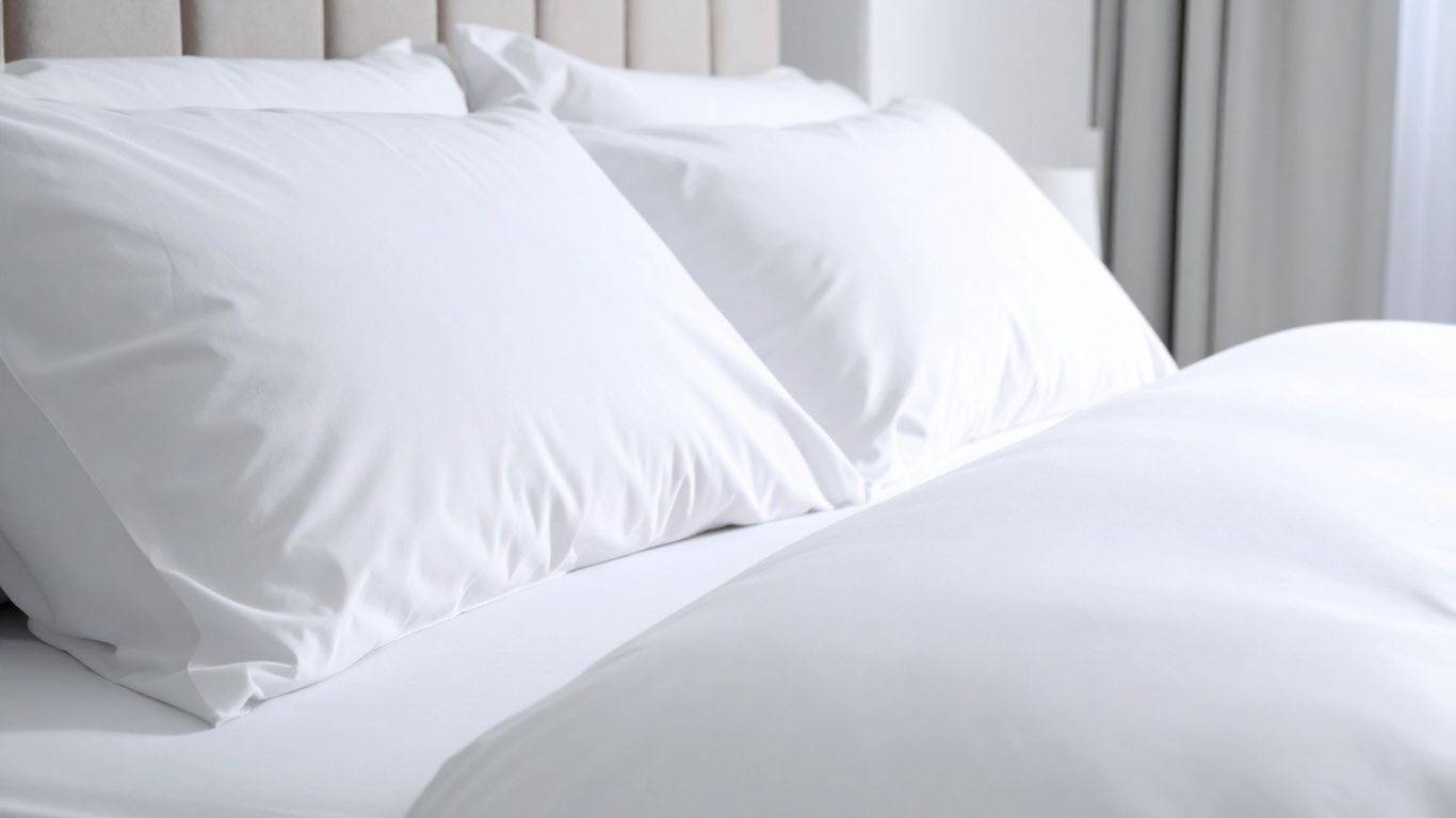 Two fluffy white pillows resting on a made bed with crisp white bedding in a bright, modern bedroom.