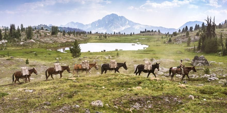 Horses and riders crossing a green meadow with a mountain lake and peaks in the background