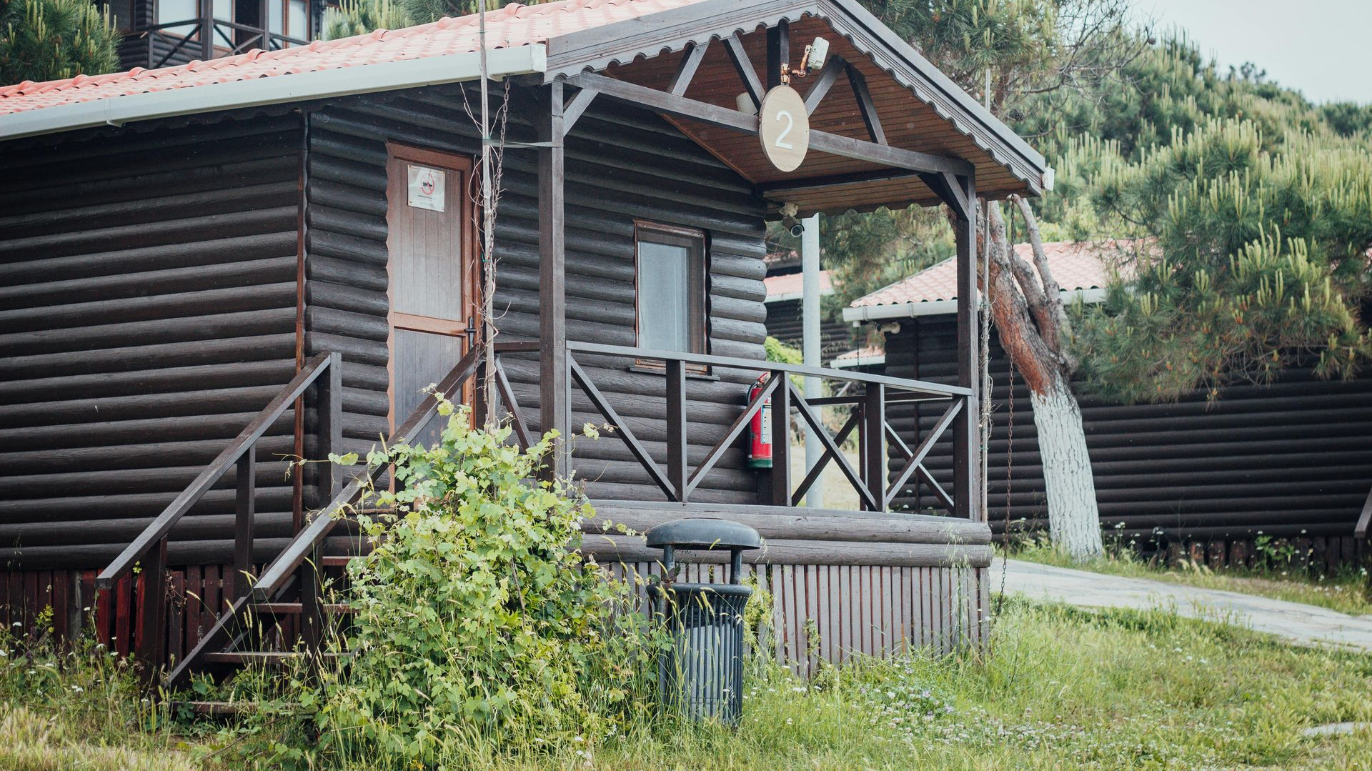 Wooden cabin with a porch, brown logs, red roof, surrounded by greenery.