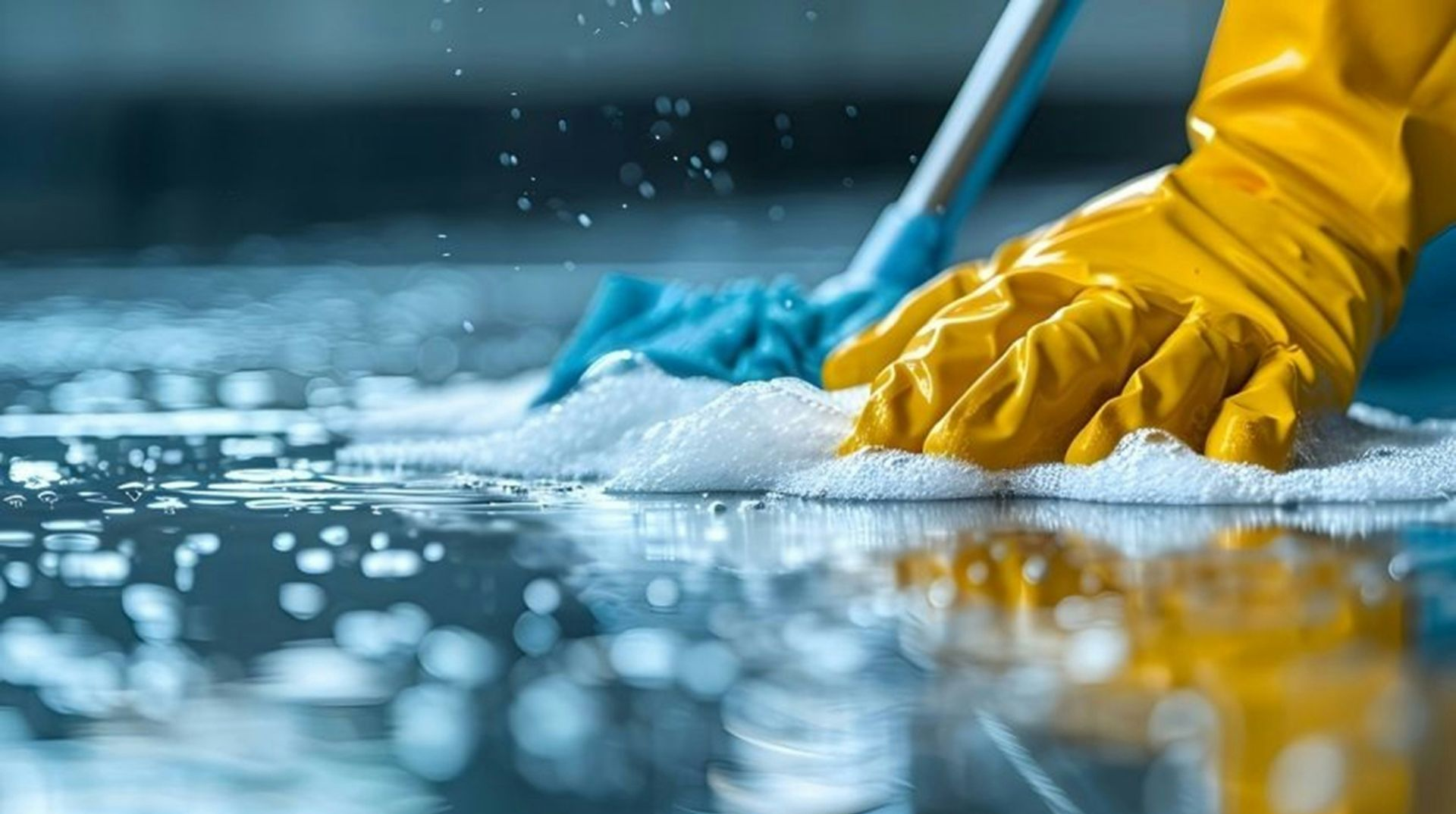 Yellow-gloved hand wiping wet blue floor with a white cloth, water splashing around.