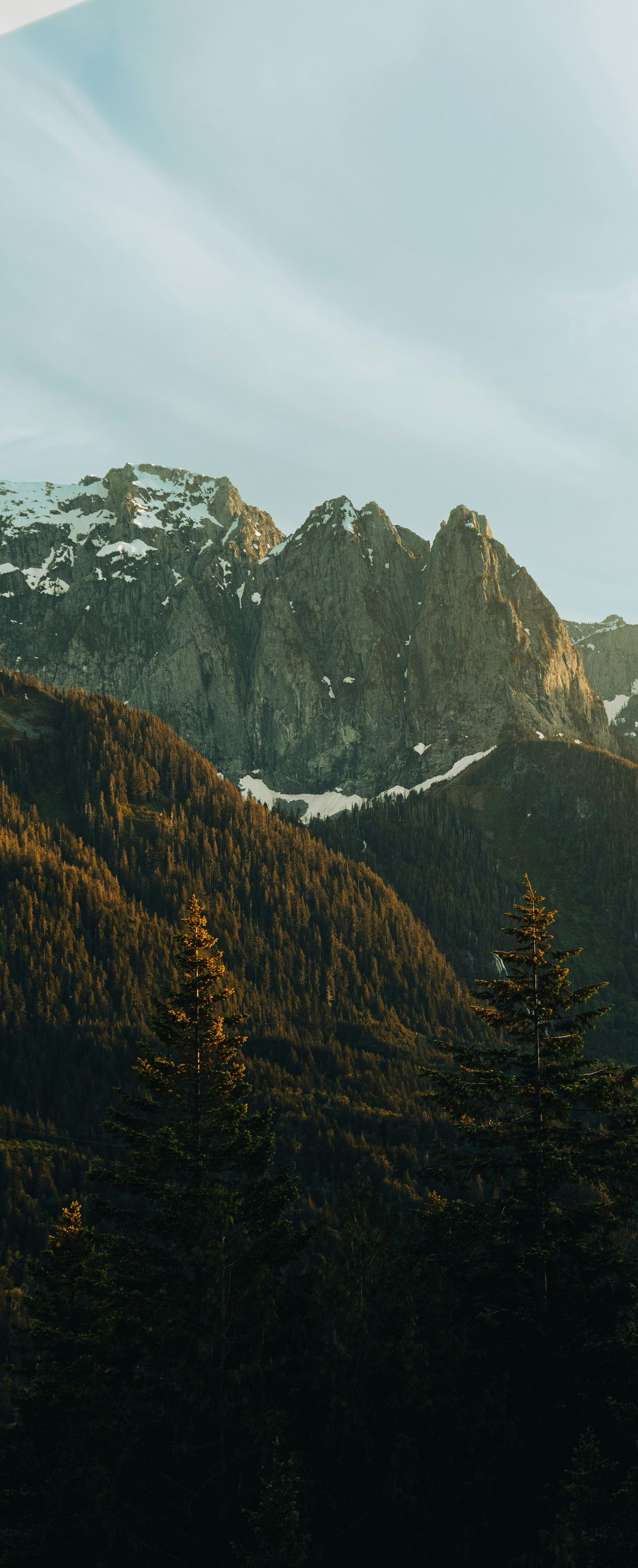 Sunlit mountain range with dark forested slopes under a pale, cloudy sky