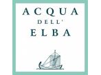 Logo per Acqua dell'Elba con il nome del marchio in carattere serif sopra una piccola illustrazione stilizzata di una barca in color verde acqua scuro.