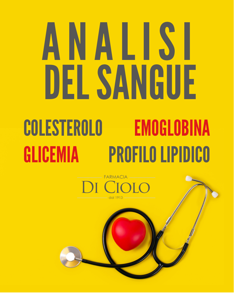 Un volantino promozionale giallo per le analisi del sangue presso la Farmacia Di Ciolo, con l'immagine di uno stetoscopio e l'icona di un cuore rosso.