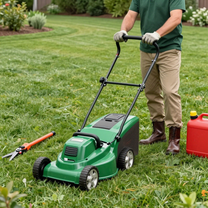 Una persona con pantaloni color cachi e una camicia verde spinge un tosaerba verde su un prato, con delle cesoie e una tanica di carburante nelle vicinanze.